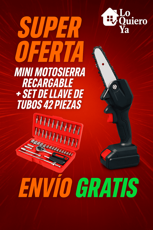 Mini Motosierra + Caja Herramientas Trinquetes de 46 Piezas
